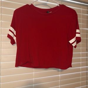 Red crop top two white striped on sleeves
